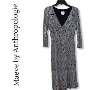 Maeve by Anthropologie 3/4 Sleeve Black & White Patterned Knee Length Dress